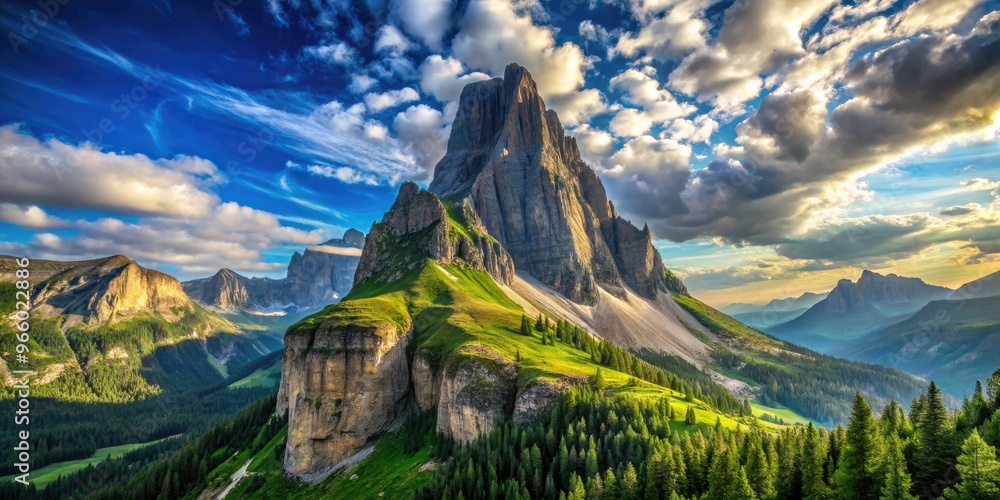 Fototapeta premium A Majestic Mountain Peak Rises Above Towering Cliffs And Verdant Slopes, Reaching Towards The Heavens In An Awe-Inspiring Embrace Of The Celestial Realm.