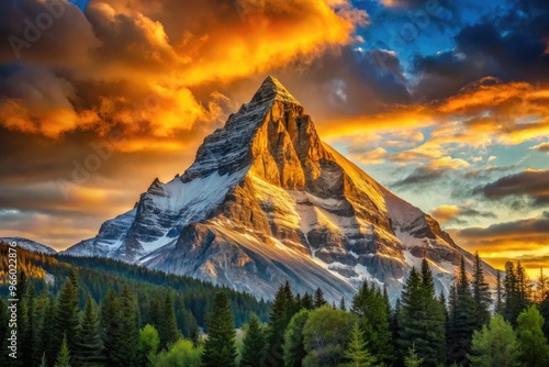 A Majestic Mountain With A Distinct Conical Peak Bathed In Golden Sunlight Against A Vibrant Sky photo