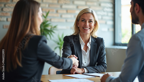 Happy mid aged business woman manager handshaking at office meeting. Smiling female hr hiring recruit at job interview, bank or insurance agent, lawyer making contract deal with client at work.