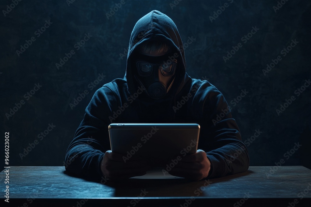 In a dark room background, a cyber criminal wearing a black hat uses a tablet to hack private data. Cybersecurity cyber crime concept. Cybercrime hack. Cybercrime concept. Hacking phishing concept. In a dark room background, a cyber criminal wearing a black hat uses a tablet to hack private data. Cybersecurity cyber crime concept. Cybercrime hack. Cybercrime concept. Hacking phishing concept.