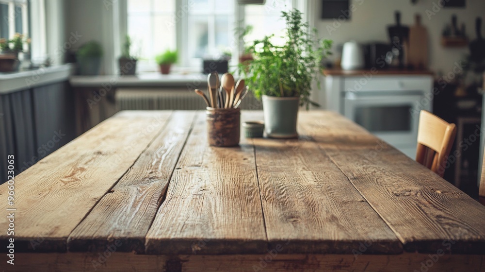 wooden rustic kitchen table. minimalistic interior, utencils on the table wooden rustic kitchen table. minimalistic interior, utencils on the table