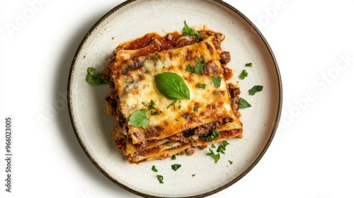 Overhead shot of a warm, inviting plate of lasagna, with layers