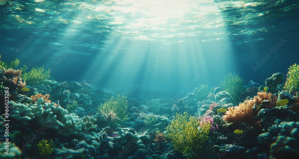 Fototapeta premium Underwater coral reef with vibrant marine life illuminated by sunlight in a tropical ocean