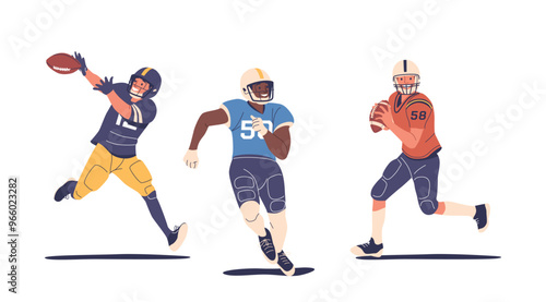 Three American Football Players in Uniform Demonstrating Dynamic Pose. Rugby Players Characters Showcasing Skill