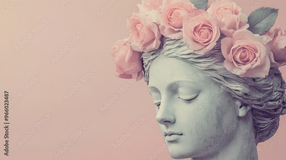 Pink roses blossoming from the cut of a female statue's head, isolated on a muted color background. Pink roses blossoming from the cut of a female statue's head, isolated on a muted color background.