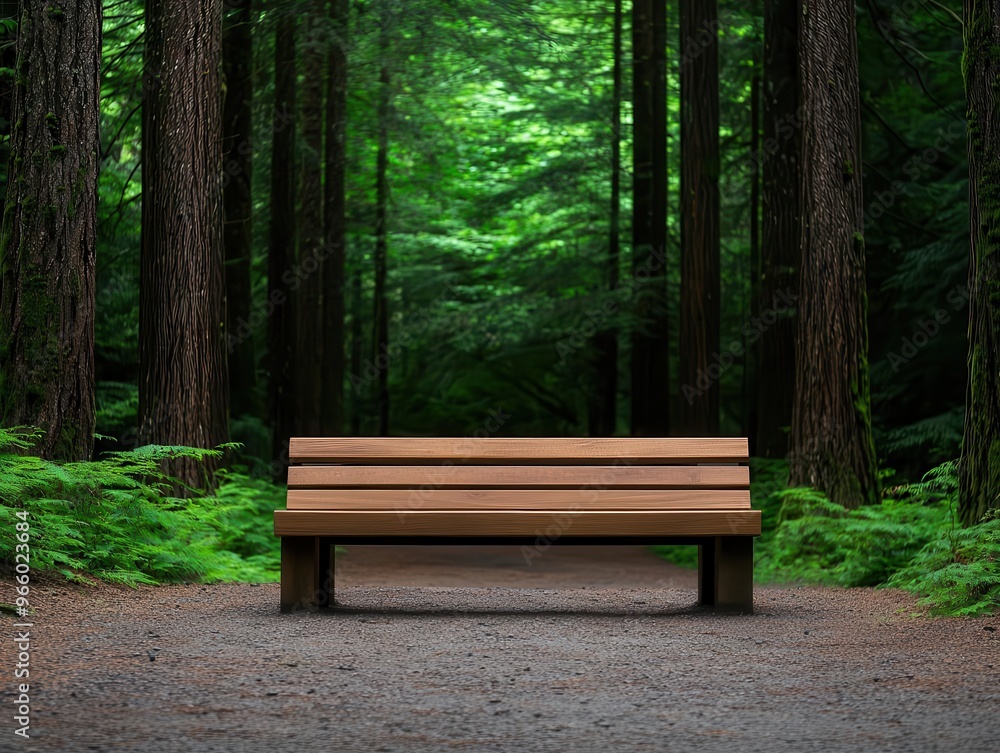 Forest path surrounded by towering trees, eco-friendly benches, natural materials, serene Forest path surrounded by towering trees, eco-friendly benches, natural materials, serene