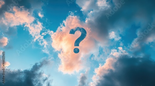 Dramatic sky scene with a prominent question mark formed by clouds, symbolizing uncertainty, curiosity, and the search for answers.