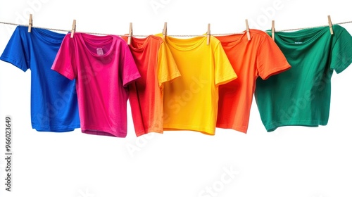 Rainbow-colored t-shirts drying on a clothesline, contrasting vividly with a white backdrop, isolated.