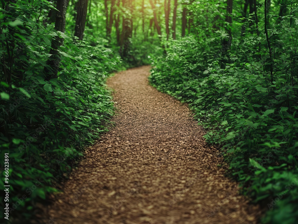 Pathway through a dense forest, canopy overhead, soft sunlight, peaceful and quiet Pathway through a dense forest, canopy overhead, soft sunlight, peaceful and quiet
