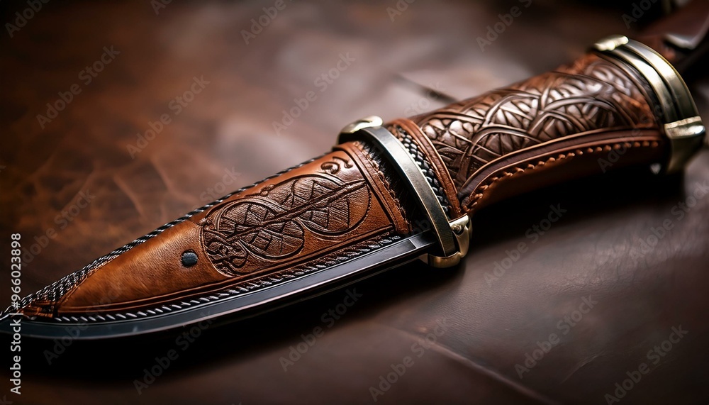 A handcrafted leather sheath with intricate stitching, designed to protect a curved blade A handcrafted leather sheath with intricate stitching, designed to protect a curved blade