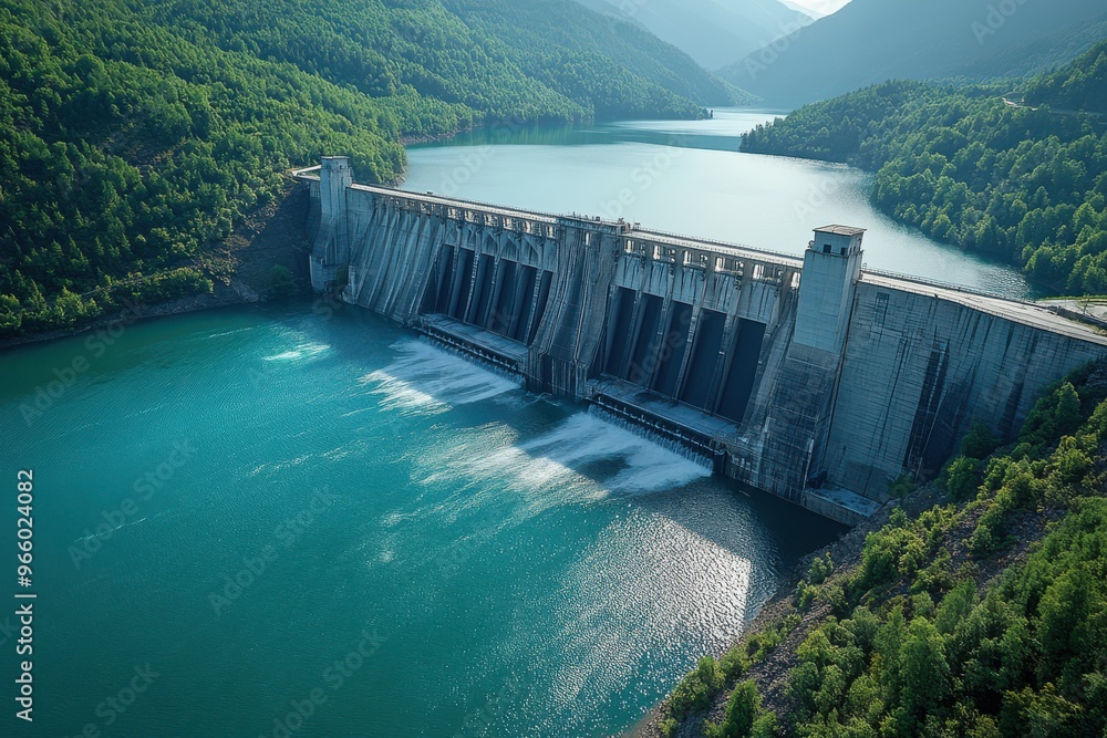 Aerial View of Dam Releasing Water into Reservoir Aerial View of Dam Releasing Water into Reservoir