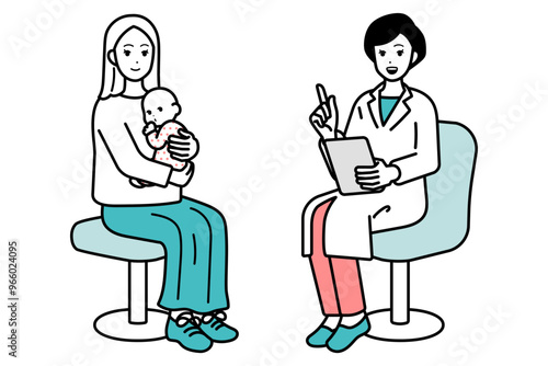 Illustration of doctor, explaining medical examination to parent and child.
