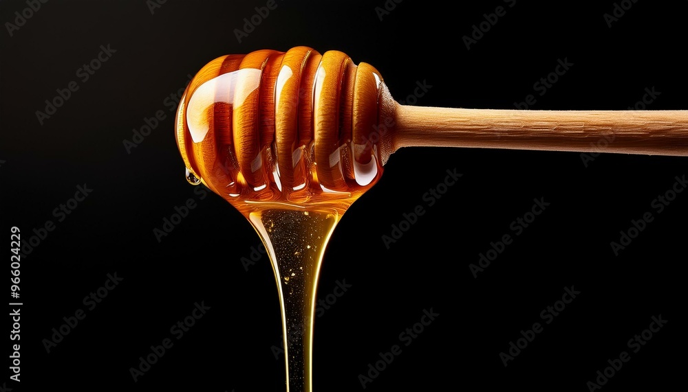 A honey dipper with dripping honey on a wooden stick, isolated on a black background A honey dipper with dripping honey on a wooden stick, isolated on a black background