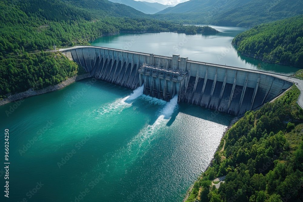 Aerial View of Dam Releasing Water into Reservoir Aerial View of Dam Releasing Water into Reservoir