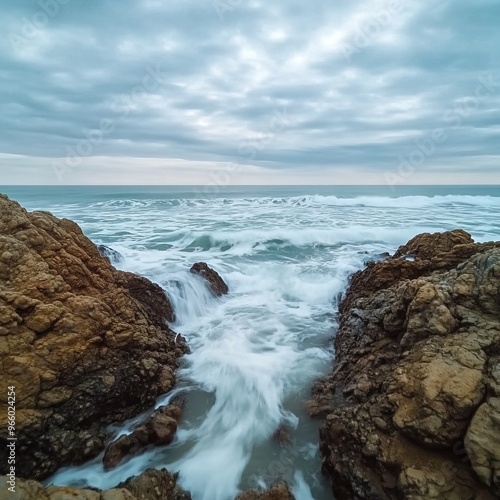 Ocean waves crashing against rocky shore under a cloudy sky.