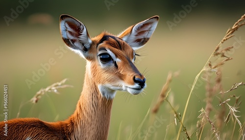 Intimate portrait of a Bohor Reedbuck amidst the lush grassland backdrop photo