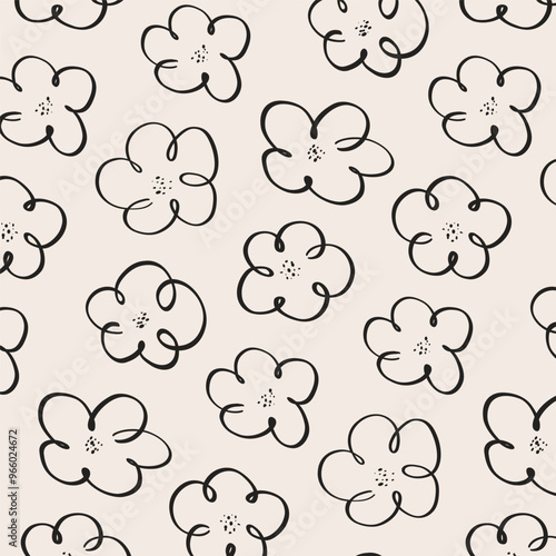 Black and white floral seamless pattern illustration. Abstract monochrome retro flowers print for fabric wrapping paper textile design