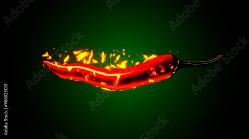 Burning red chili on a green background, 3d animation