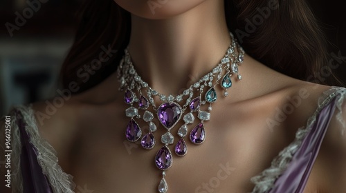 Silver necklace adorned with amethyst, aquamarine, and white gemstones draped on an elegant woman's neck, exuding luxury and grace.