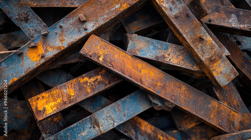 A pile of twisted and rusted metal beams, showing the effects of weather and time. A pile of twisted and rusted metal beams, showing the effects of weather and time.