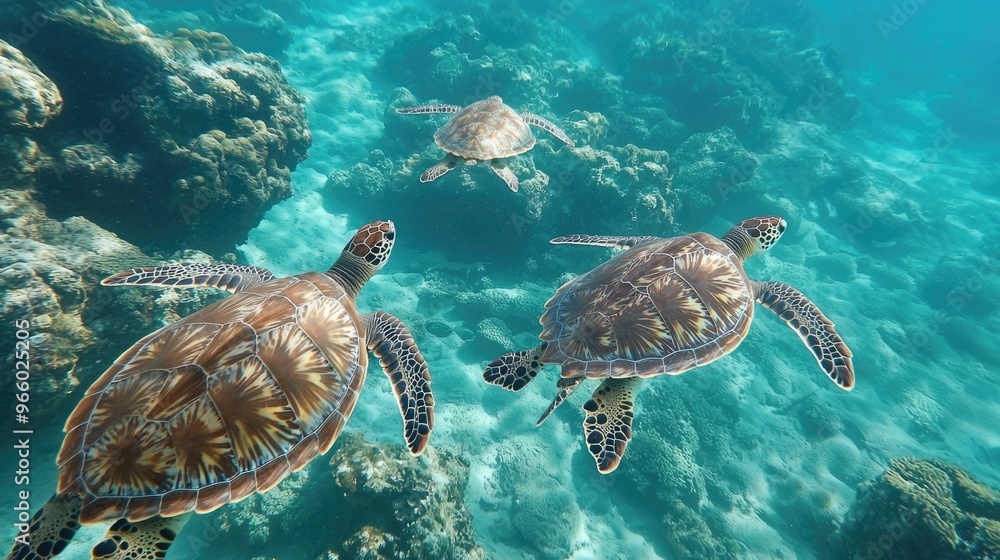 Obraz premium Sea Turtles Gliding Through the Pristine Ocean Waters
