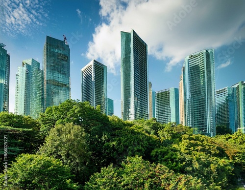  Overgrown skyscrapers amidst a lush, green landscape