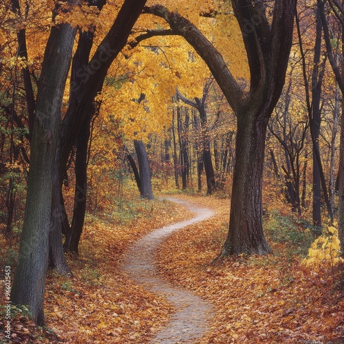 A winding path through a vibrant autumn forest filled with colorful leaves