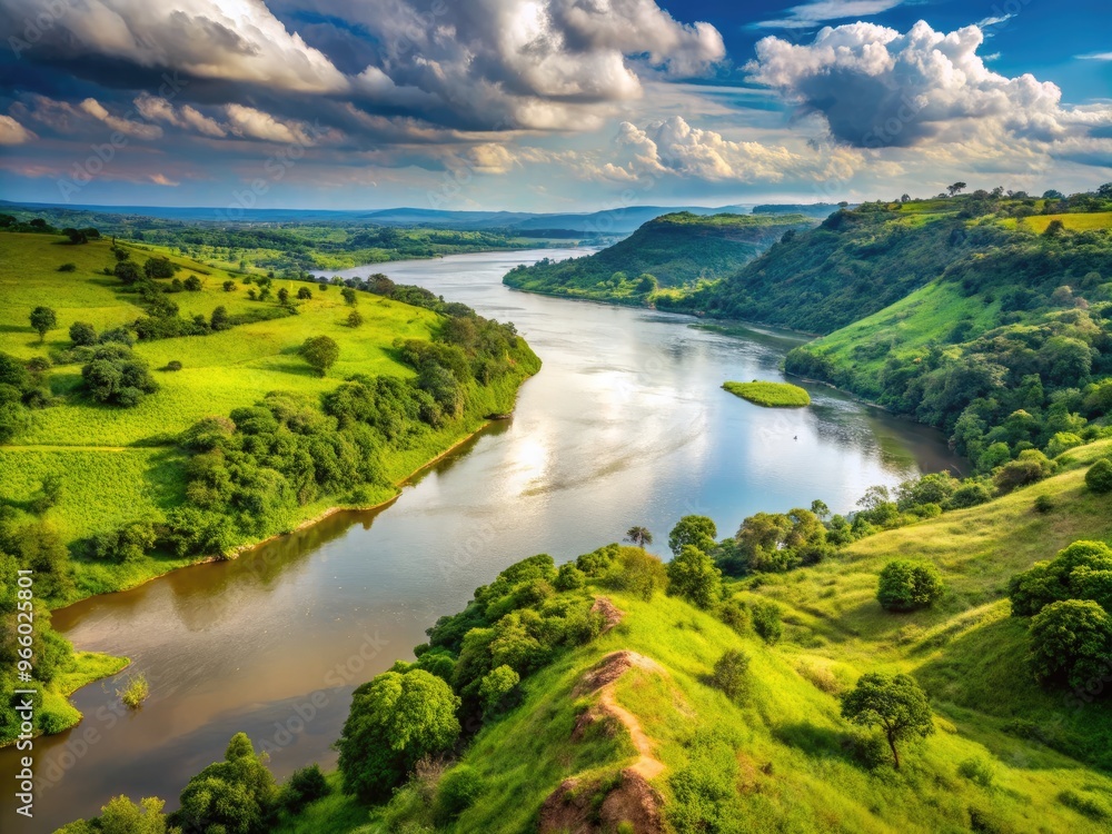 A Panoramic View Of The Nile River Flowing Through The Lush Green Landscape Of Uganda A Panoramic View Of The Nile River Flowing Through The Lush Green Landscape Of Uganda