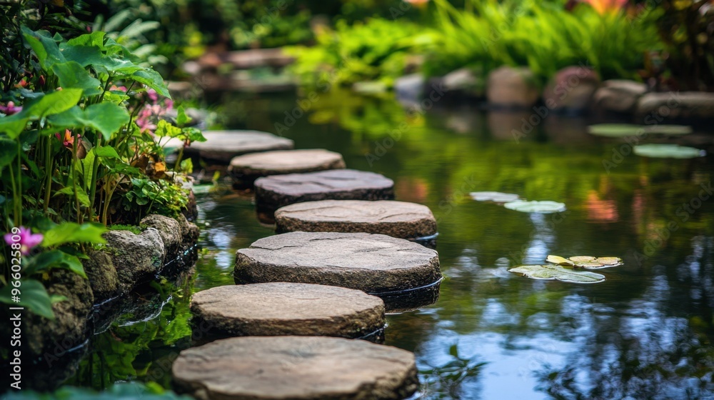 Smooth stepping stones leading through a tranquil garden, symbolizing progress, journey, and careful steps towards a goal. Smooth stepping stones leading through a tranquil garden, symbolizing progress, journey, and careful steps towards a goal.