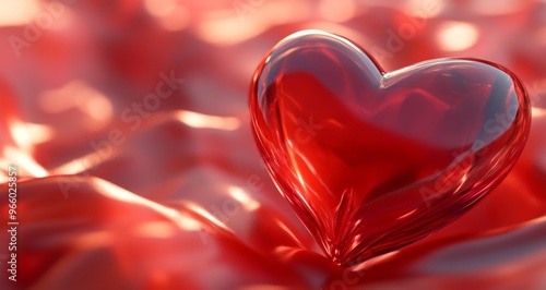 A glossy red heart sits on soft fabric, bathed in warm light in a romantic se...