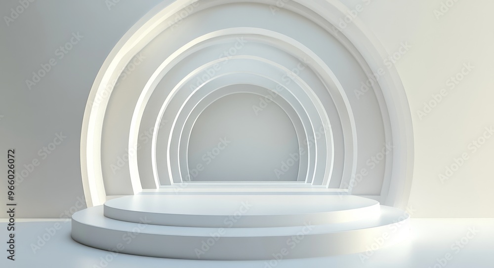 Fototapeta premium Modern minimalist stage design featuring circular backdrop in soft lighting