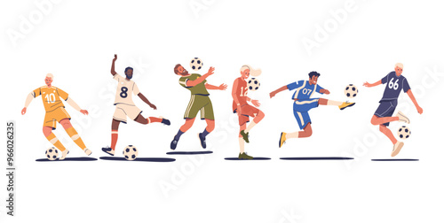 Football Players Characters Exhibiting Dynamic Poses And Kicking Soccer Balls Epitomizing Teamwork And Athleticism