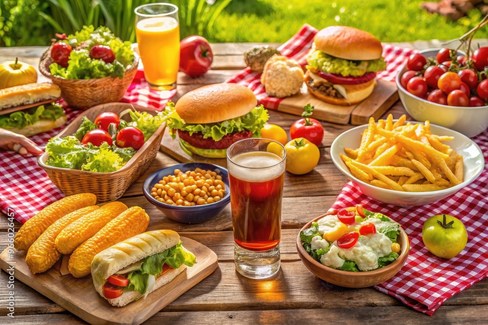A Picnic Table Covered With A Variety Of Food And Drinks, Including: Burgers, Hot Dogs, Salads, Fruit, Chips, And Soda. A Picnic Table Covered With A Variety Of Food And Drinks, Including: Burgers, Hot Dogs, Salads, Fruit, Chips, And Soda.