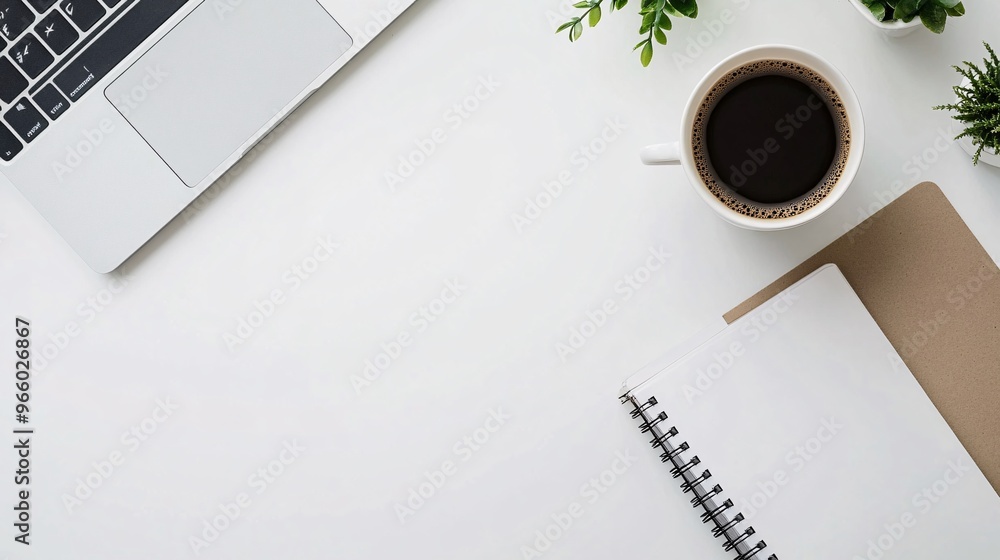 A Productive Morning in a Modern Home Office: Laptop, Coffee, and Notebook on Light Background A Productive Morning in a Modern Home Office: Laptop, Coffee, and Notebook on Light Background