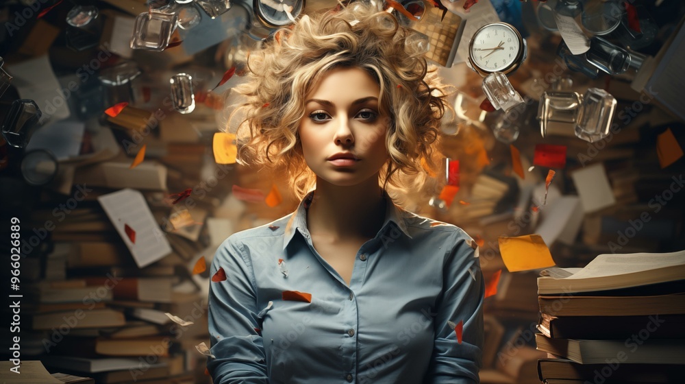 Fototapeta premium A woman with a messy room with books and papers scattered around her