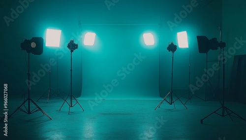 Illuminated studio environment with bright lights creating a foggy atmosphere...