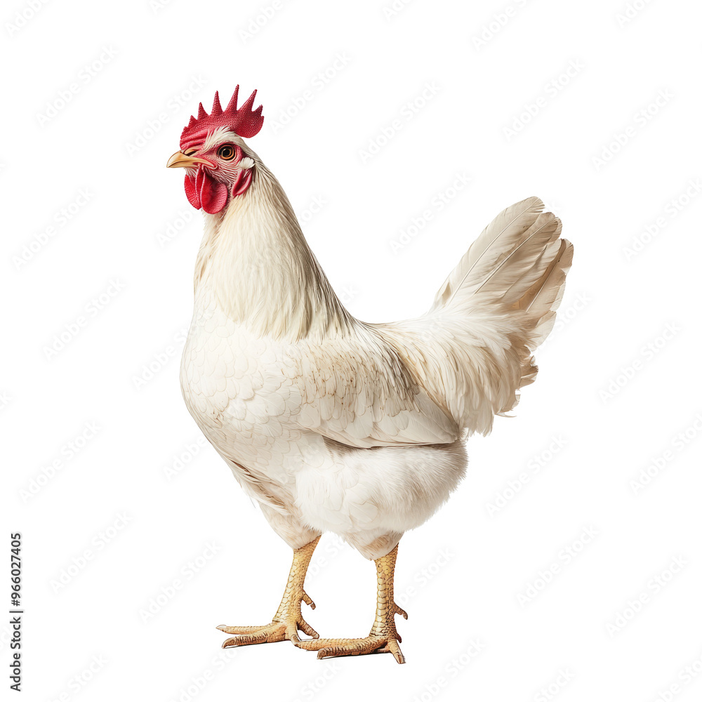 Full body of white rooster isolated on transparent background. Chicken portrait