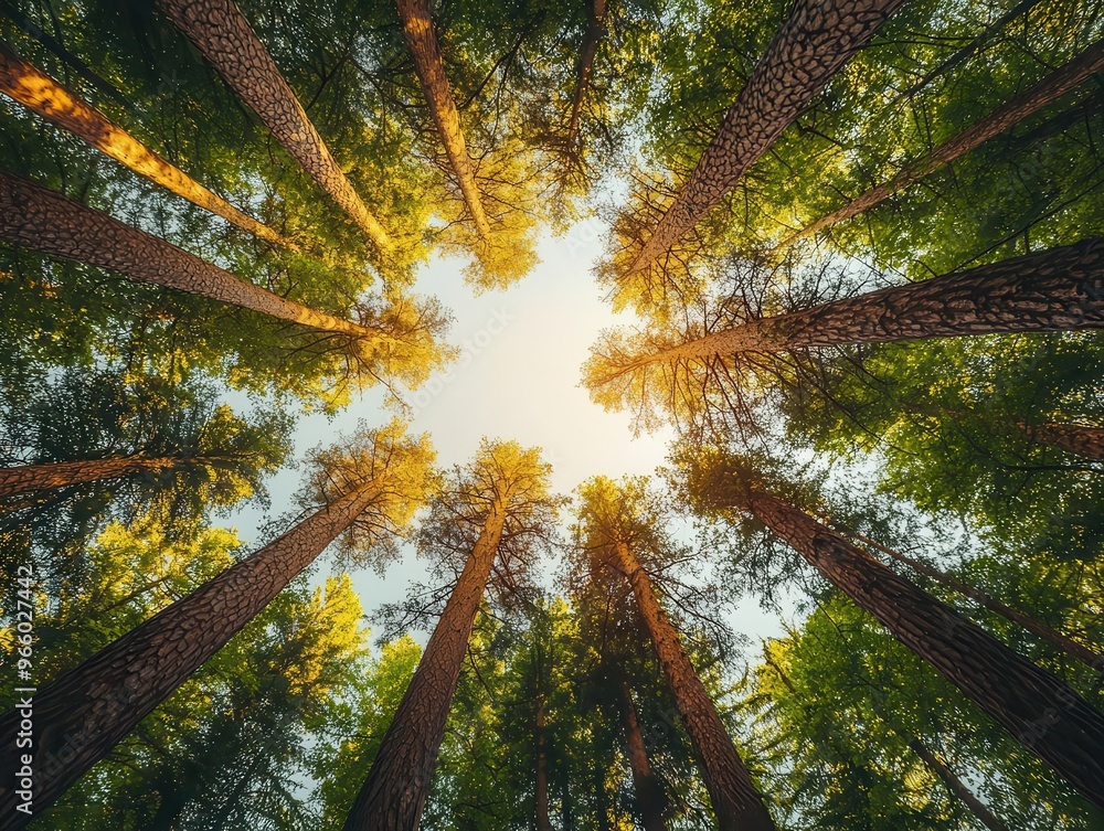 Obraz premium Forest canopy from below, looking up through tall trees, sunlight breaking through