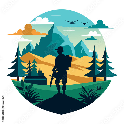 Download Captaining Scenery  With Army Silhouette Vector Illustration White Background Svg File For Design.