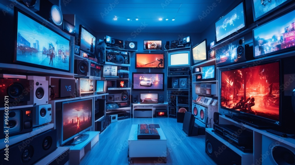 A room full of televisions, speakers, and audio equipment, with neon blue lighting. A room full of televisions, speakers, and audio equipment, with neon blue lighting.