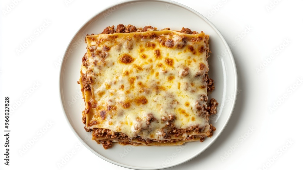 Plate of lasagna seen from above, with perfectly melted and browned cheese Plate of lasagna seen from above, with perfectly melted and browned cheese