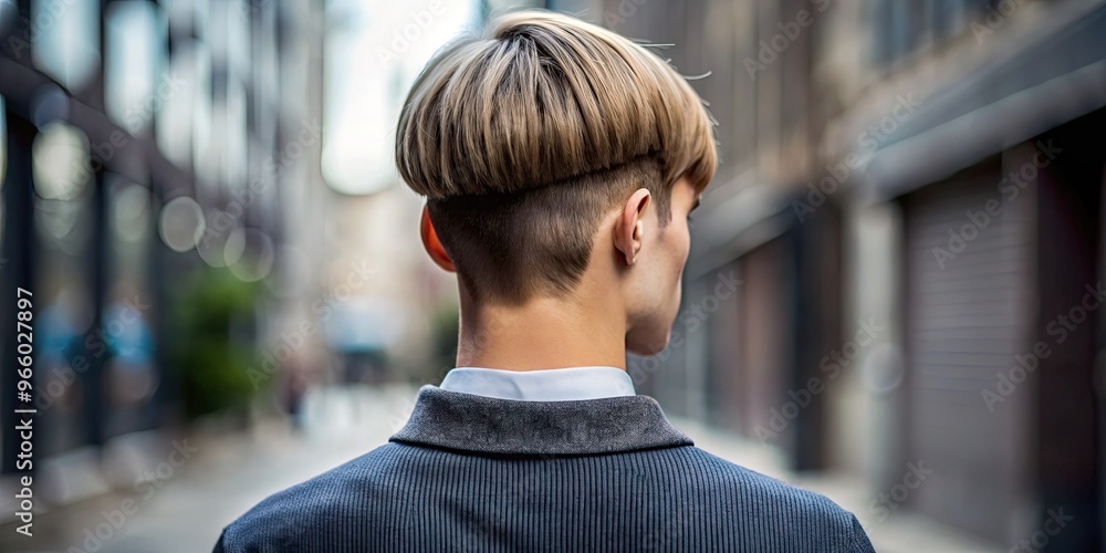 Fototapeta premium A Rear View Of A Person With Visible Clothing And A Short, Layered Haircut