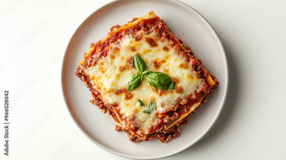 Plate of lasagna seen from above, with perfectly melted and browned cheese Plate of lasagna seen from above, with perfectly melted and browned cheese