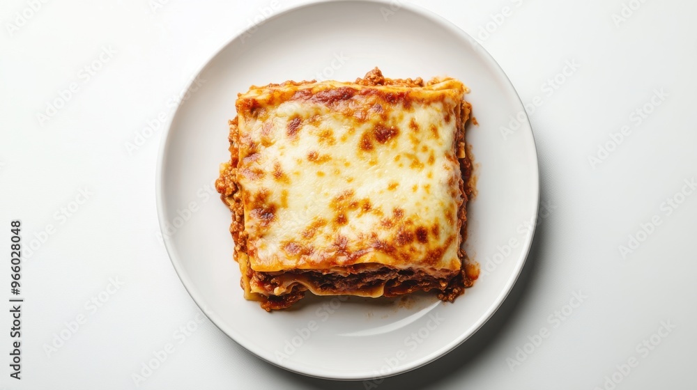 Plate of lasagna seen from above, with perfectly melted and browned cheese Plate of lasagna seen from above, with perfectly melted and browned cheese