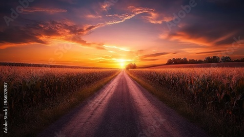 Road Through a Cornfield at Sunset - AI generated illustration