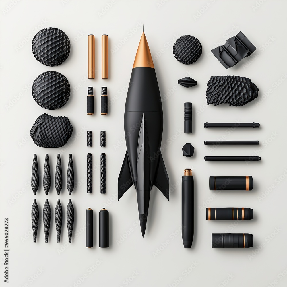 A sleek black rocket with various components showcasing modern design and technology. Ideal for aerospace and engineering themes. A sleek black rocket with various components showcasing modern design and technology. Ideal for aerospace and engineering themes.