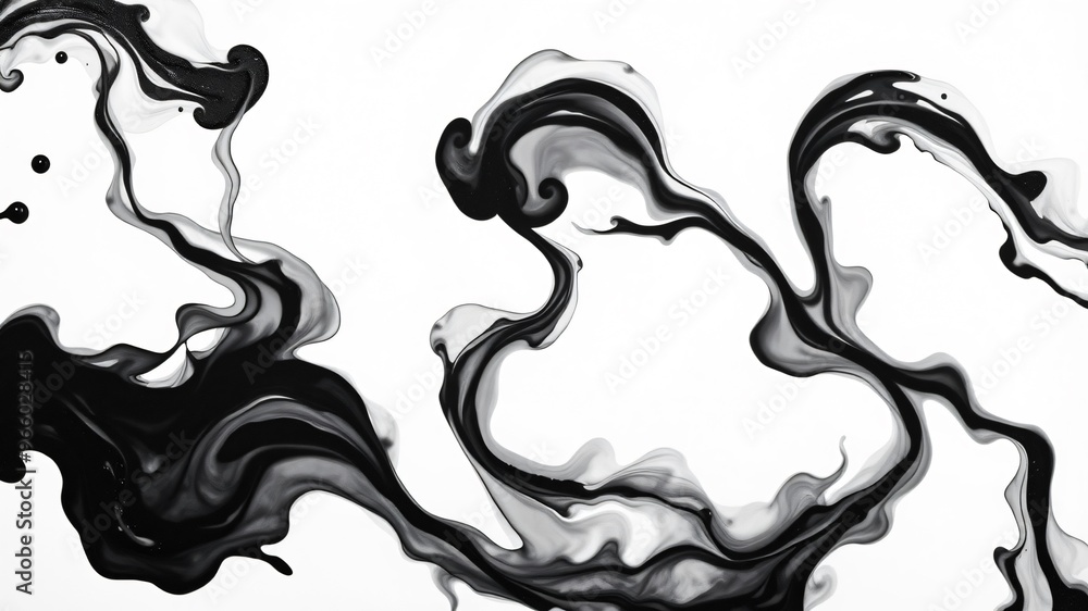Abstract black and white swirling patterns on a white background showcasing fluid art techniques in contemporary design Abstract black and white swirling patterns on a white background showcasing fluid art techniques in contemporary design