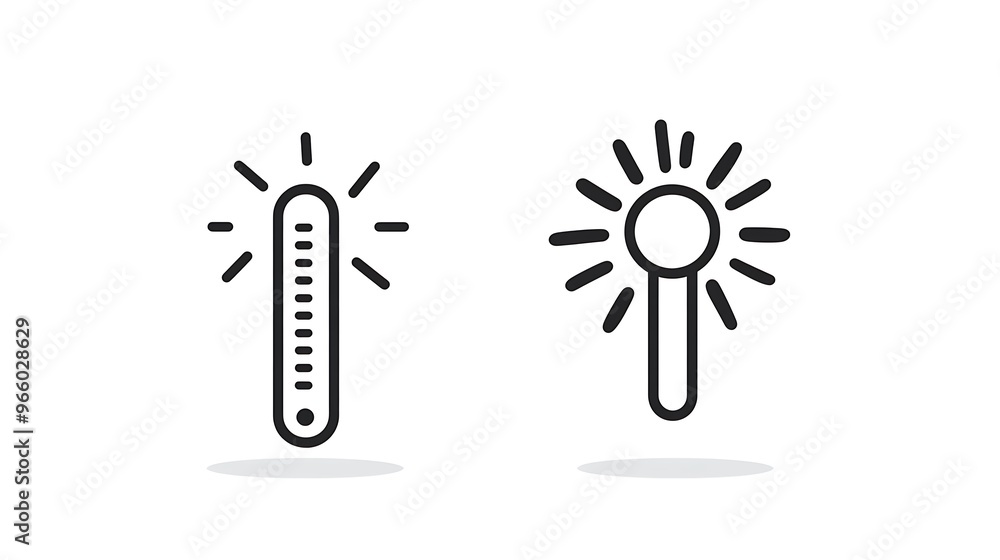 Minimalistic Thermometer Icons with Wind and Sun Symbols in Linear Vector Style on White Background Minimalistic Thermometer Icons with Wind and Sun Symbols in Linear Vector Style on White Background