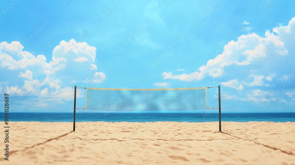 Beach Volleyball Court with Blue Sky and Sea Background - AI generated illustration Beach Volleyball Court with Blue Sky and Sea Background - AI generated illustration