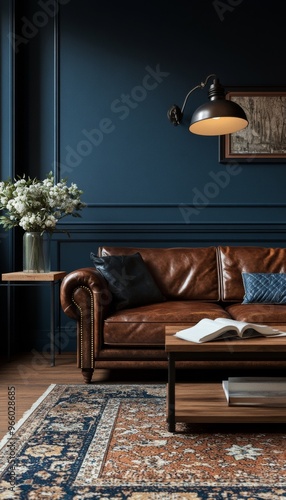 Cozy living room with leather sofa and elegant decor in a modern home interior